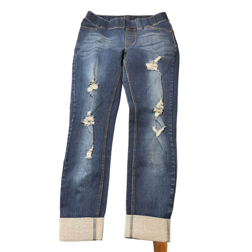 Womens Distressed Blue Denim Jeans Distressed Pull On Cuffed Size 25